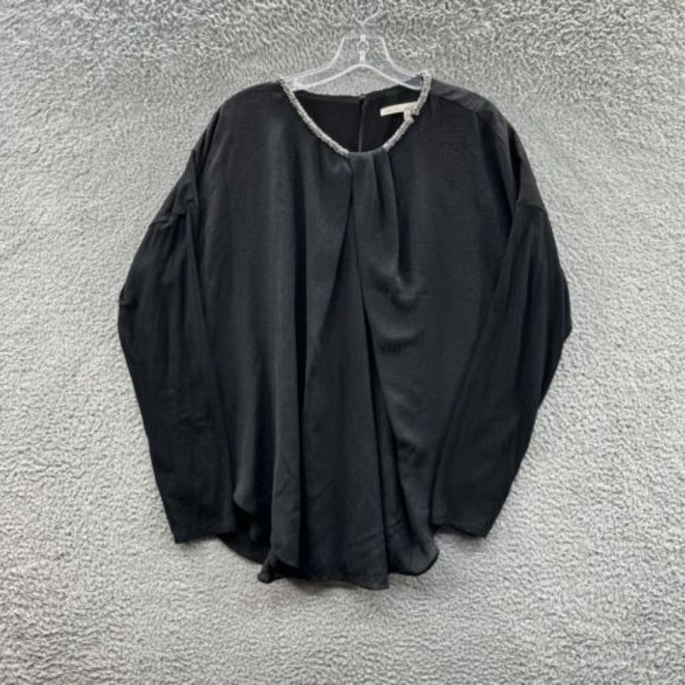 Rachel Roy Blouse Women's XL Black Animal Print Pleated Beaded Neckline Blouse